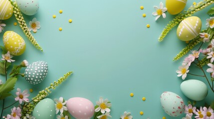 Obraz na płótnie Canvas Top down easter background with colorful painted eggs and spring flowers and copy space on isolated green background