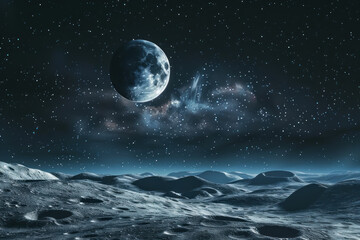 Fototapeta na wymiar A large moon is in the sky above a vast, empty, snowy landscape
