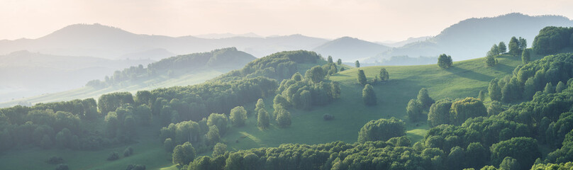 Evening light and spring greenery of hills and mountain slopes, panoramic view - obrazy, fototapety, plakaty