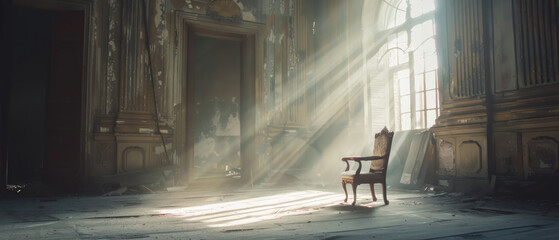 Coronation of Silence, A solitary throne bathed in rays of divine light, standing amidst the solitude of an abandoned palace - obrazy, fototapety, plakaty