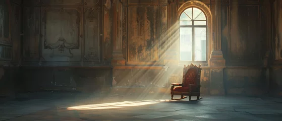 Foto op Plexiglas Coronation of Silence, A solitary throne bathed in rays of divine light, standing amidst the solitude of an abandoned palace © Gasi