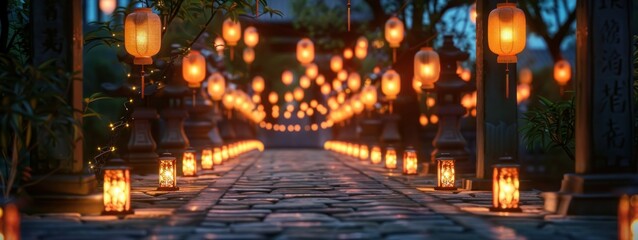 Fototapeta na wymiar Festive Illumination, A temple pathway aglow with the soft light of myriad traditional lanterns, casting a warm radiance, a testament to the enduring glow of cultural celebrations.