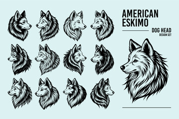 Profile side view of american eskimo dog head design vector set - obrazy, fototapety, plakaty