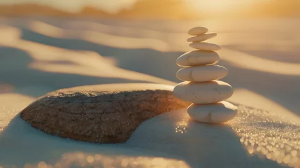 Foto op Canvas A close-up shot capturing the intricate details of three meticulously arranged stacks of white pebble stones, each standing in perfect equilibrium © MistoGraphy