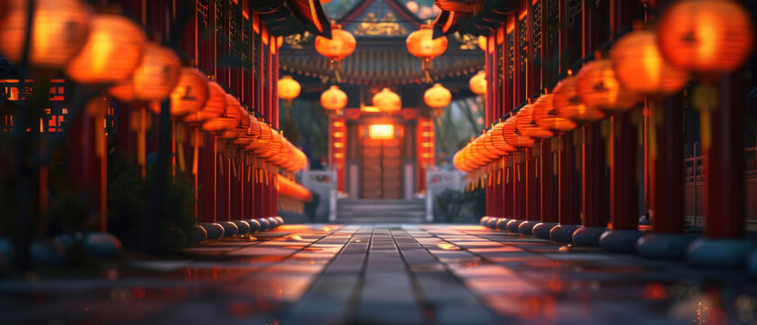 Festive Illumination, A temple pathway aglow with the soft light of myriad traditional lanterns, casting a warm radiance, a testament to the enduring glow of cultural celebrations.