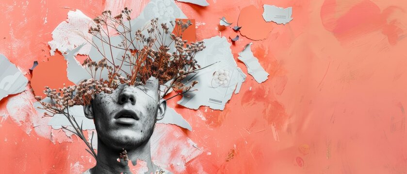 In today's world, we crave inspiration and creativity. This collage illustrates ideas, inspiration, aspiration, and creativity. Composition with a black and white portrait of a man in a floral hat.