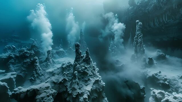 Deep below the waves a surreal landscape of rock formations and geysers stretches out before us. This otherworldly scene is inhabited by unique creatures evolved to thrive