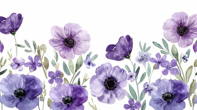 Vector, watercolor, anemones, lilac, boho, pattern, wallpaper