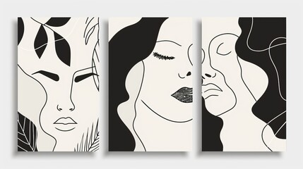 Abstract minimalist print set. Lineart black and white illustrations. Modern template for design.
