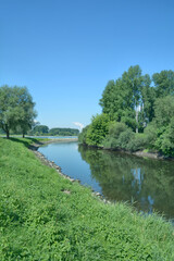 new Wupper estuary into the Rhine River in Rheindorf close to Leverkusen,North Rhine Westphalia,Germany