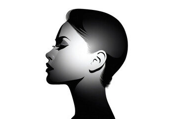 Black silhouette of a woman's head, central composition, stark contrast with the white background, isolated figure, stock illustration style, high quality, ultra clear, digital render