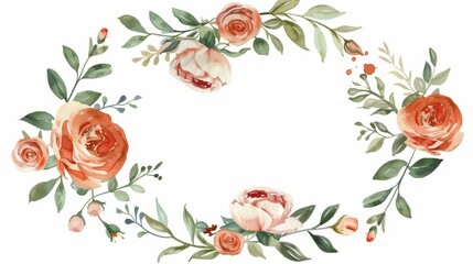 Modern watercolor vintage flowers wreath. Hand painted round frame with roses, ranunculus, anemones, leaves and floral elements. - obrazy, fototapety, plakaty
