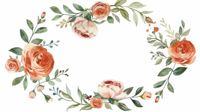 Modern watercolor vintage flowers wreath. Hand painted round frame with roses, ranunculus, anemones, leaves and floral elements.
