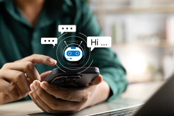 AI Artificial Intelligence,Digital chatbot, Man chatting with digital assistant chatbot on mobilephone on internet application,Future of customer service man utilizes AI chatbot for instant assistance
