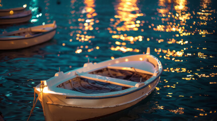 Obraz premium Tourists row boats in the ocean with lights rising from the water at night