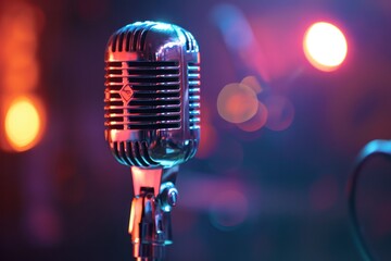 Vintage microphone bokeh light background.