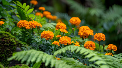 A close-up shot of vibrant orange marigolds nestled among deep green foliage, evoking the essence of a mystical autumn garden