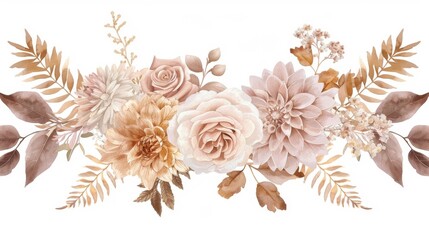 An invitation card with dusty pink and ivory beige flowers including pale hydrangea, fern, dahlia, ranunculus, and fall leaves. This postcard is isolated and editable.