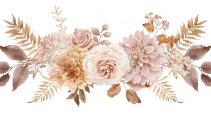 Fotobehang An invitation card with dusty pink and ivory beige flowers including pale hydrangea, fern, dahlia, ranunculus, and fall leaves. This postcard is isolated and editable. © Mark