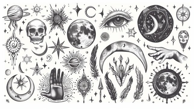 Set of celestial bodies and magical elements drawn in a vintage boho style. Suitable for flash tattoos, stickers, patches, and prints.