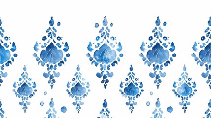 Background pattern with blue ikat motifs, damascus ornaments, and abstract motifs for textiles, wallpaper, and surfaces. - obrazy, fototapety, plakaty