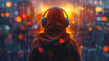 Person in Headphones, Vibrant sweater, Artist, Painting music into the scene, Rain, 3D render, Backlights, Lens Flare