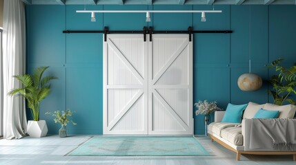 White Sliding Barn Doors with Blue Walls in a Modern Home