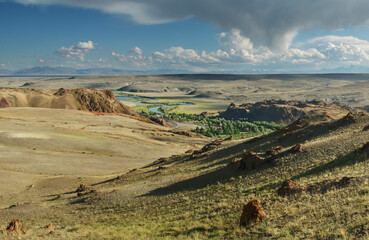 Dry Mongolian landscapes of the south of Altai, summer travel