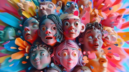 3D avatars of cute people with toylike faces in action, set against a kaleidoscope of random colors