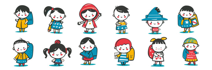 An adorable illustration showcasing a diverse group of happy children, each with a unique backpack, ready for a day at school.
