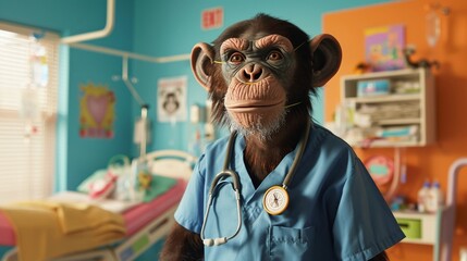 A monkey nurse in a crisp uniform and protective mask, offering a reassuring smile in a colorful children s hospital room