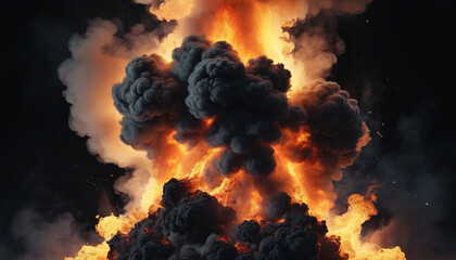 Controlled explosion. Image showing fire and smoke simultaneously on a black background.

