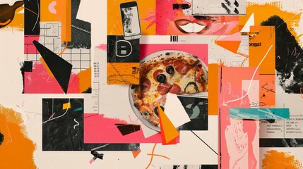 Halftone elements for this costumer delivery map. Pizza in an open mouth with a phone alert and a box with a pin. Modern zine with halftone elements.