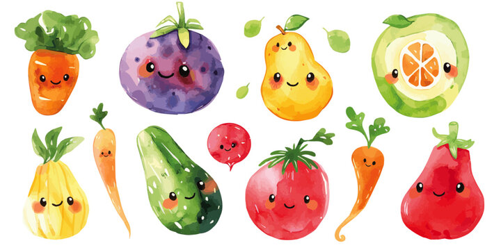 A collection of charming and animated fruits and vegetables painted in watercolor, bringing a joyful and playful feel to healthy eating.
