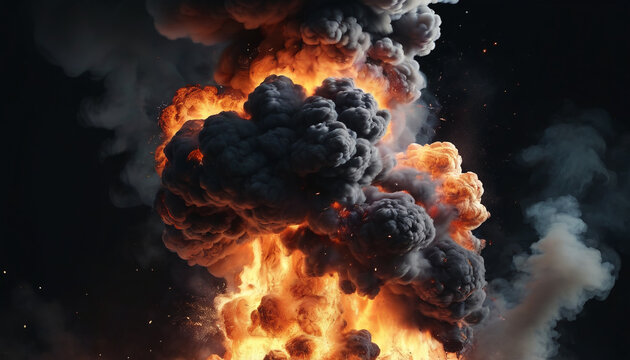 Controlled explosion. Image showing fire and smoke simultaneously on a black background.

