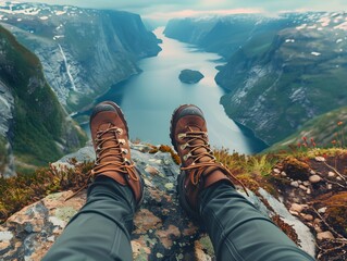 Hiker Resting at Summit, Feet Clad in Hiking Shoes, Amidst Adventure Nature Landscape Panorama