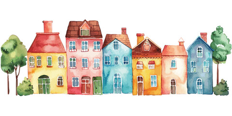 A charming watercolor painting vector featuring a row of colorful, whimsical houses with trees, evoking a storybook neighborhood vibe.
