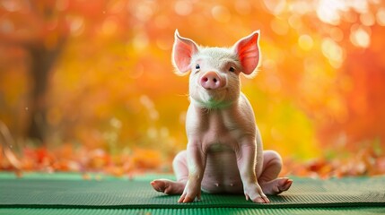 Adorable pig executing Trikonasana pose, on a soft green mat with a warm, orangehued background for a calming effect - obrazy, fototapety, plakaty