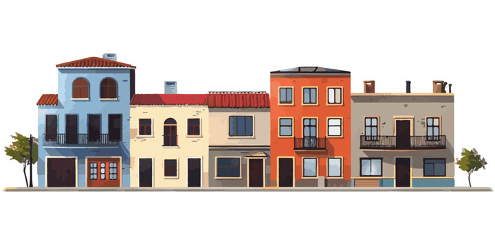 Mediterranean Style Colorful Townhouses A row of Mediterranean-style townhouses is beautifully depicted in this digital illustration, featuring warm, vibrant colors and intricate architectural detail
