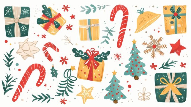 Sticker with Christmas and New Year composition. Decoration with festive gifts, present boxes, candy canes, Dreams Come True. Flat modern illustration isolated on white.