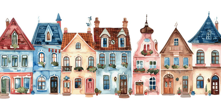 Colorful Row Houses Watercolor Illustration vector
