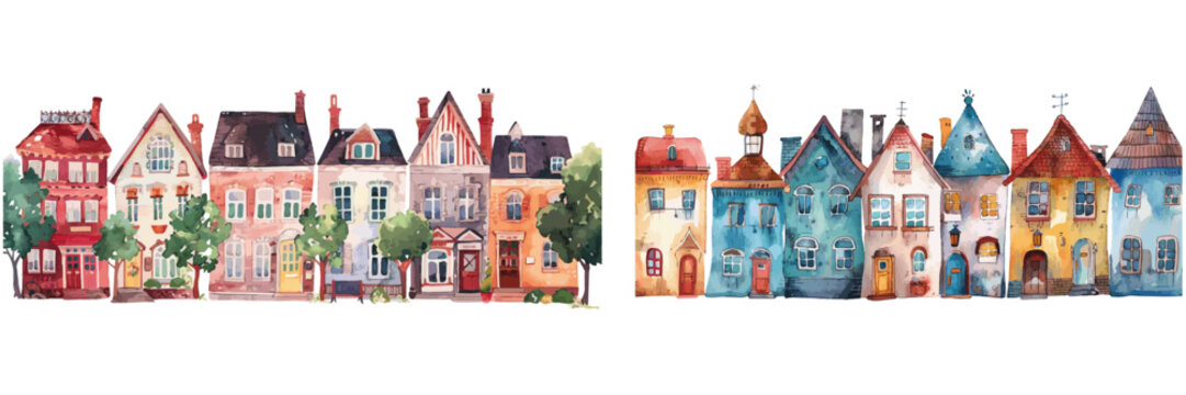 Whimsical Watercolor Row of Houses vector
