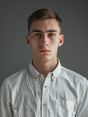 Obraz premium A young man with a thoughtful gaze and a serious expression, captured in a minimalist style while wearing a crisp white shirt