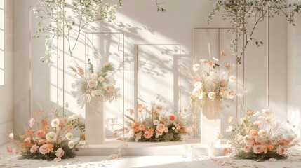 Fototapeta na wymiar Boho wedding scene with a minimalist backdrop, accented by geometric designs and floral arrangements