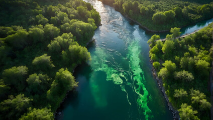 Photo real with nature theme for Emerald Valleys concept as A drones eye view of lush green valleys crisscrossed by sparkling rivers  ,Full depth of field, clean light, high quality ,include copy spac