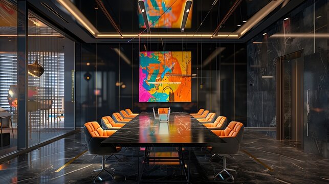 an AI image of a black marble conference room with a vibrant poster on the wall