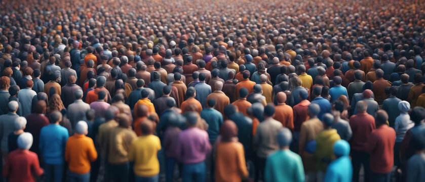 Crowd of people captured from a bird's eye view, all facing away from the camera. Human figures.

