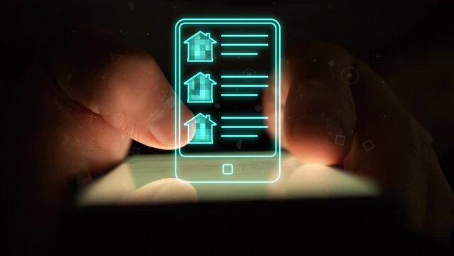 Against the background of the smartphone being used, in the dark, there is a digital symbol of the gadget with symbols characterizing the real estate market. Cg footage