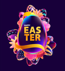 Easter colorful banner with eggs, flower and frame. Congratulatory holiday poster design. - 763306515