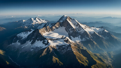 Photo real with nature theme for Mountain Majesty concept as Snow-capped peaks seen from above with clouds casting shadows over the terrain  ,Full depth of field, clean light, high quality ,include co - obrazy, fototapety, plakaty